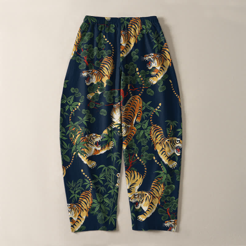 Buddha Stones Pantalones de hombre de algodón puro con estampado de hojas de bambú y tigre, con cordón ajustable y corte ajustado, bolsillos. - image 14