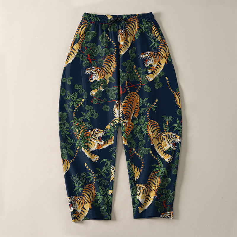 Buddha Stones Pantalones de hombre de algodón puro con estampado de hojas de bambú y tigre, con cordón ajustable y corte ajustado, bolsillos. - image 13