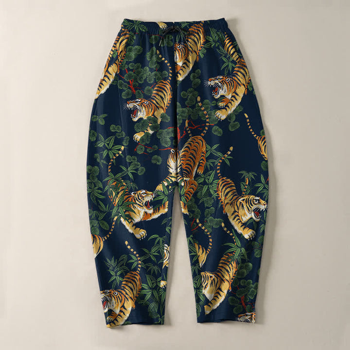 Buddha Stones Pantalones de hombre de algodón puro con estampado de hojas de bambú y tigre, con cordón ajustable y corte ajustado, bolsillos. - image 13