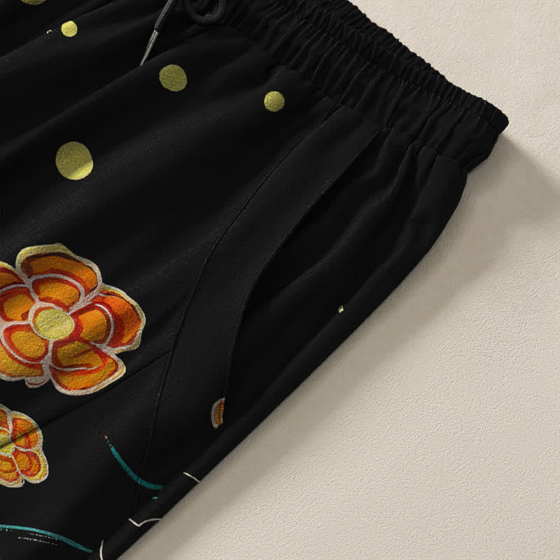Buddha Stones Pantalones de hombre de algodón puro con estampado de olas de loto y carpa dorada, cordón ajustable y corte cónico, con bolsillos. - image 4
