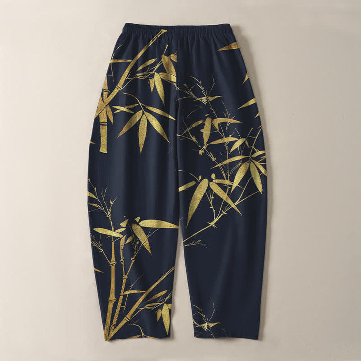 Buddha Stones Pantalones de hombre de algodón puro con estampado de bambú dorado, cordón ajustable y corte cónico, con bolsillos. - image 3