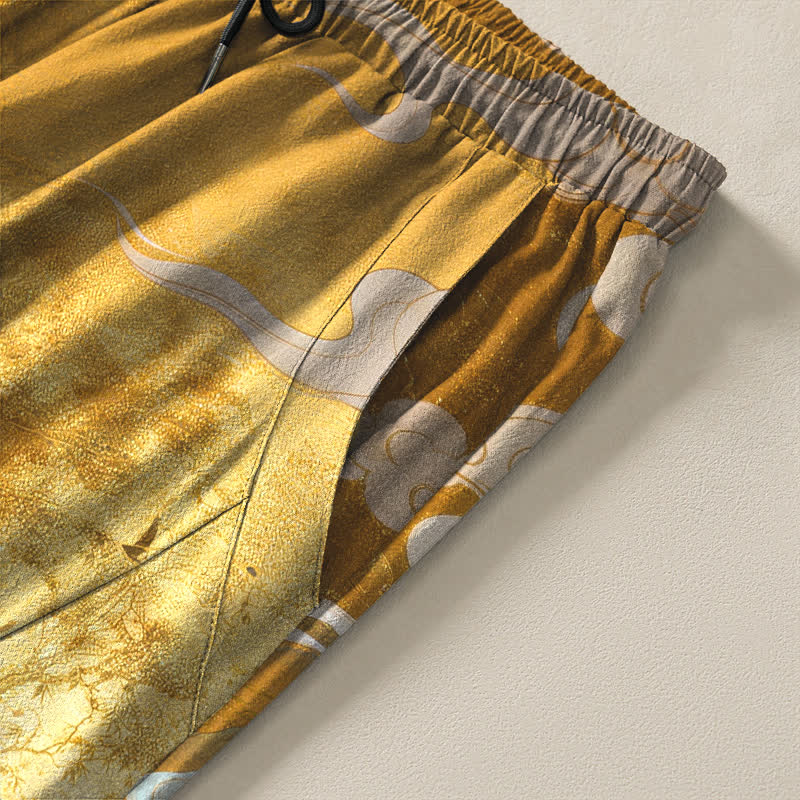 Buddha Stones Pantalones de hombre de algodón puro con estampado de caballo blanco, cordón ajustable y corte cónico, con bolsillos. - image 4