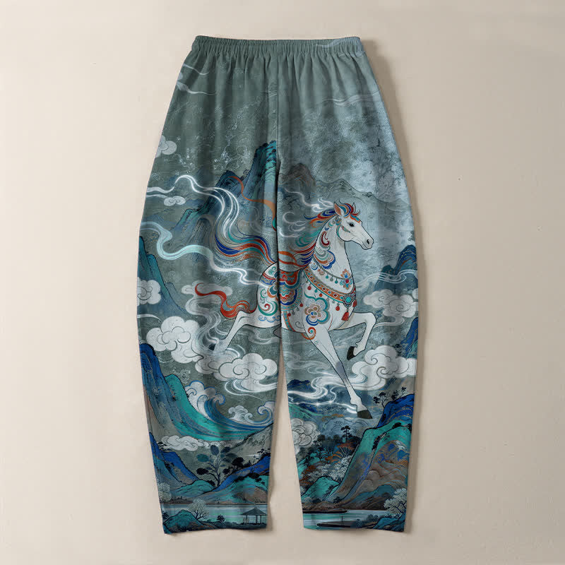 Buddha Stones Pantalones de hombre de algodón puro con estampado de caballo blanco, cordón ajustable y corte cónico, con bolsillos. - image 10