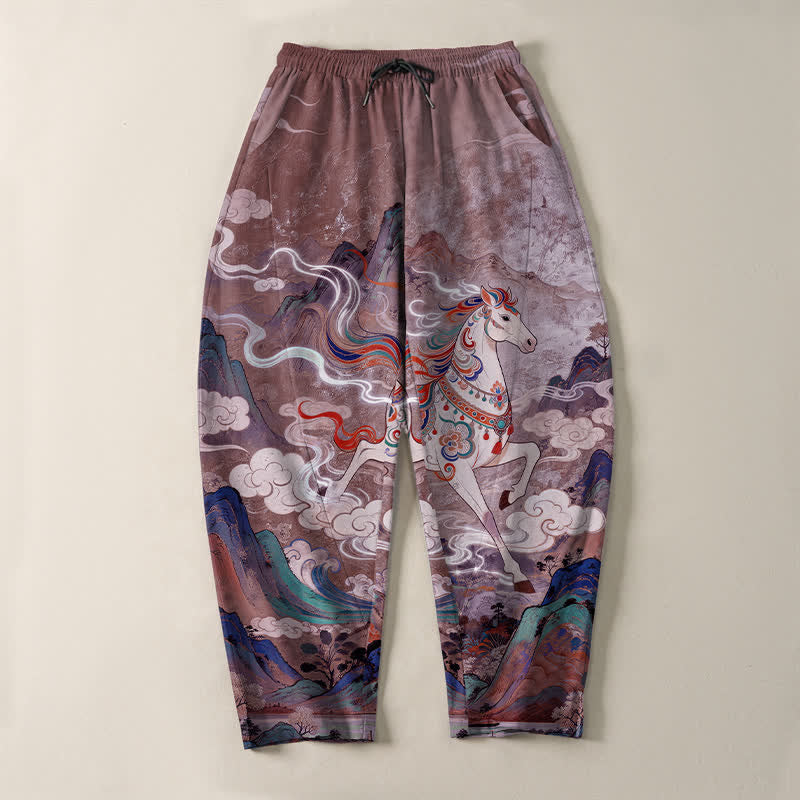Buddha Stones Pantalones de hombre de algodón puro con estampado de caballo blanco, cordón ajustable y corte cónico, con bolsillos. - image 13
