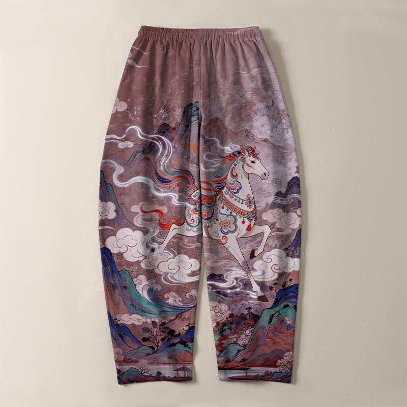 Buddha Stones Pantalones de hombre de algodón puro con estampado de caballo blanco, cordón ajustable y corte cónico, con bolsillos. - image 14