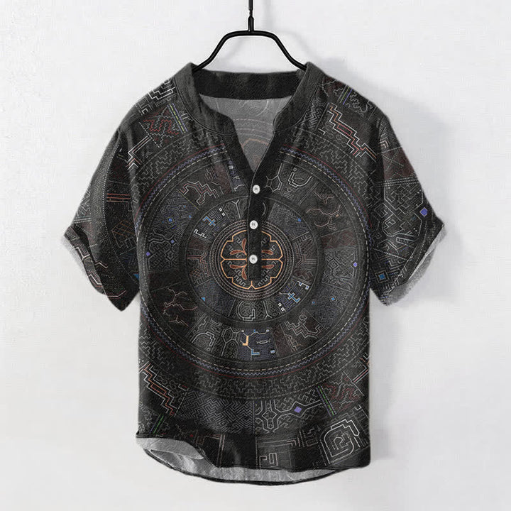 Buddha Stones Camisa de manga corta con medio botón y estampado tribal de mandala para hombre, de algodón. - Negro - US/UK/AU50, EU60 (5XL) - image 0