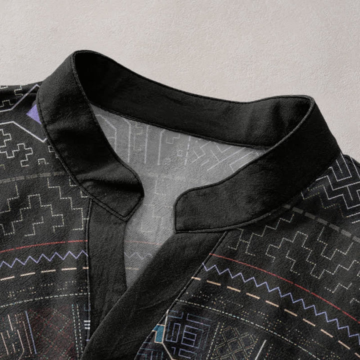 Buddha Stones Camisa de manga corta con medio botón y estampado tribal de mandala para hombre, de algodón. - image 2