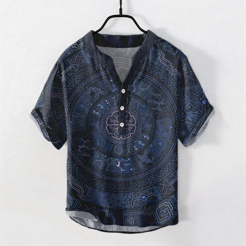 Buddha Stones Camisa de manga corta con medio botón y estampado tribal de mandala para hombre, de algodón. - Marina de guerra - US/UK/AU50, EU60 (5XL) - image 5