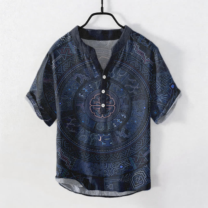 Buddha Stones Camisa de manga corta con medio botón y estampado tribal de mandala para hombre, de algodón. - Marina de guerra - US/UK/AU50, EU60 (5XL) - image 5