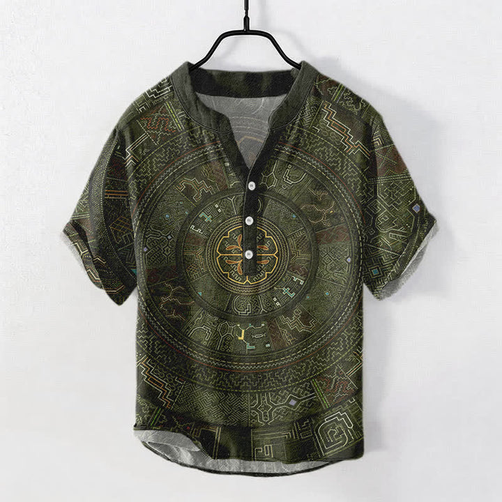 Buddha Stones Camisa de manga corta con medio botón y estampado tribal de mandala para hombre, de algodón. - Verde oliva oscuro - US/UK/AU50, EU60 (5XL) - image 7
