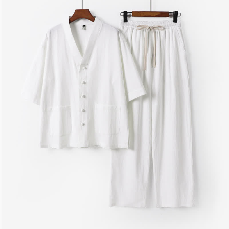 Buddha Stones Conjunto de 2 piezas: Camisa y pantalón de manga corta de estilo Tang, cuello mandarín, cordón ajustable, color liso, para hombre, ideal para meditación, con bolsillos. - Blanco - US/UK/AU54, EU64 (9XL) - image 0