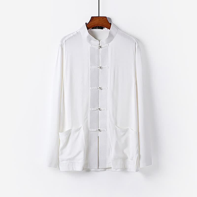 Buddha Stones Conjunto de 2 piezas: Camisa de manga larga y pantalón estilo Spring Tang con cuello mandarín y botones de rana, color liso, para hombre, ideal para meditación, con bolsillos. - image 18