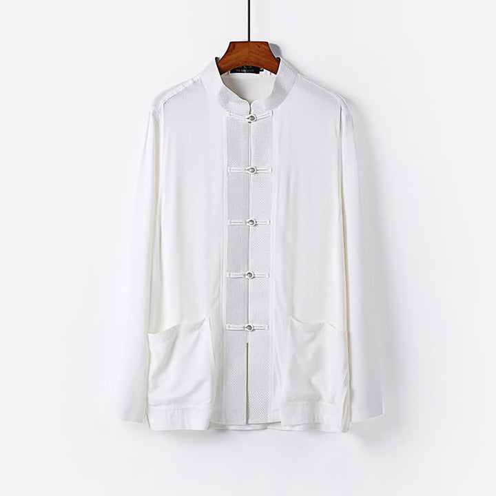 Buddha Stones Conjunto de 2 piezas: Camisa de manga larga y pantalón estilo Spring Tang con cuello mandarín y botones de rana, color liso, para hombre, ideal para meditación, con bolsillos. - image 18