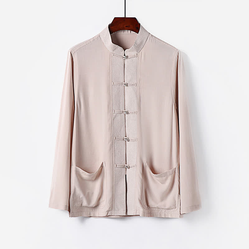 Buddha Stones Conjunto de 2 piezas: Camisa de manga larga y pantalón estilo Spring Tang con cuello mandarín y botones de rana, color liso, para hombre, ideal para meditación, con bolsillos. - image 1