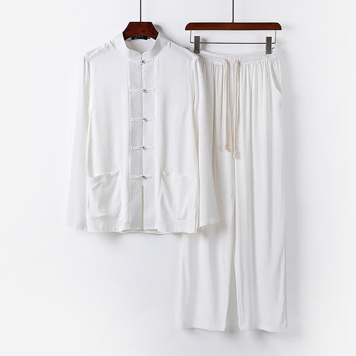 Buddha Stones Conjunto de 2 piezas: Camisa de manga larga y pantalón estilo Spring Tang con cuello mandarín y botones de rana, color liso, para hombre, ideal para meditación, con bolsillos. - Blanco - US/UK/AU48, EU58 (6XL) - image 17