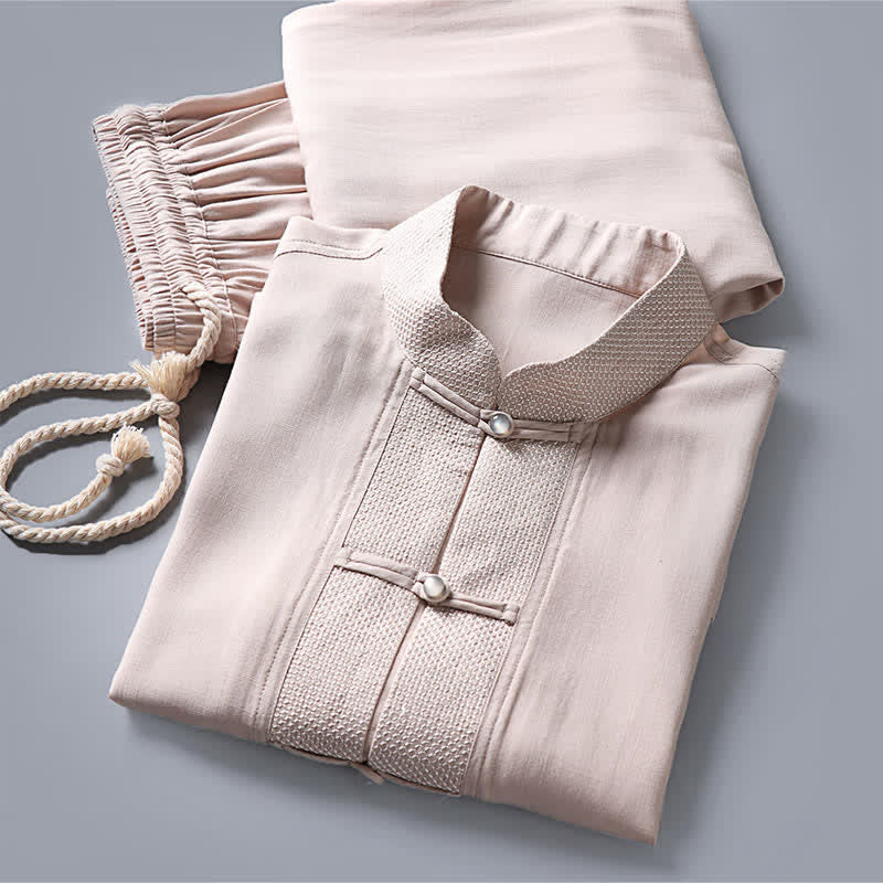 Buddha Stones Conjunto de 2 piezas: Camisa de manga larga y pantalón estilo Spring Tang con cuello mandarín y botones de rana, color liso, para hombre, ideal para meditación, con bolsillos. - image 3