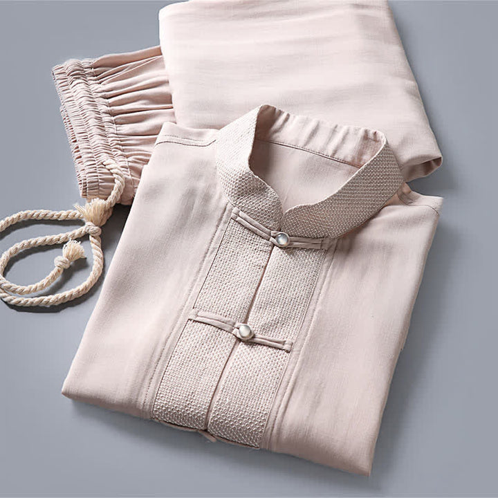 Buddha Stones Conjunto de 2 piezas: Camisa de manga larga y pantalón estilo Spring Tang con cuello mandarín y botones de rana, color liso, para hombre, ideal para meditación, con bolsillos. - image 3