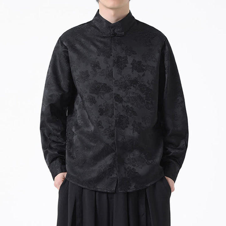 Buddha Stones Camisas de manga larga para hombre con cuello mandarín y estampado floral, estilo elegante Tang, ideales para otoño. - image 1