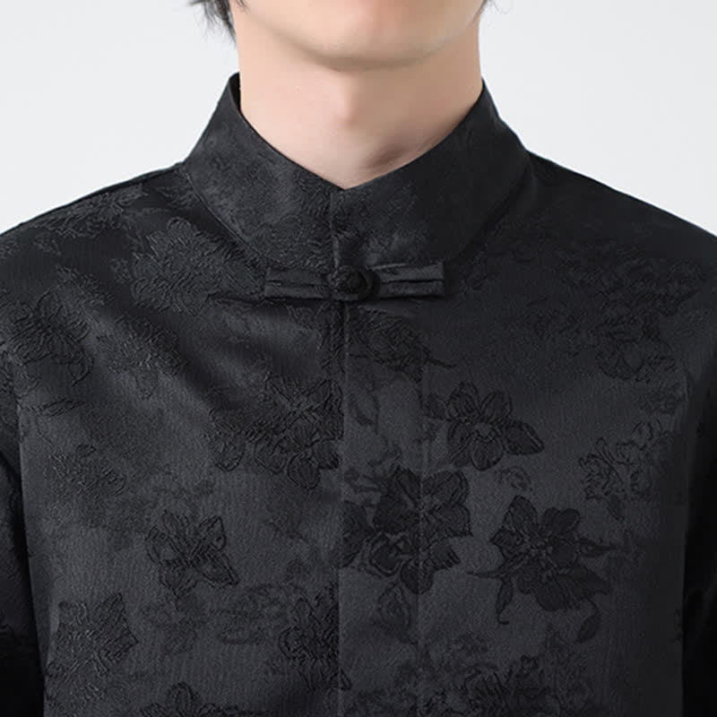 Buddha Stones Camisas de manga larga para hombre con cuello mandarín y estampado floral, estilo elegante Tang, ideales para otoño. - image 10