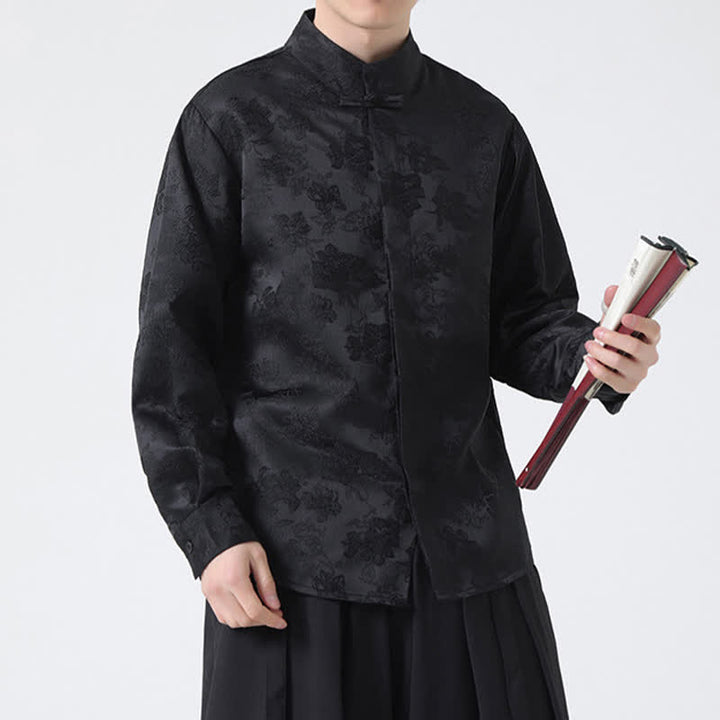 Buddha Stones Camisas de manga larga para hombre con cuello mandarín y estampado floral, estilo elegante Tang, ideales para otoño. - image 6