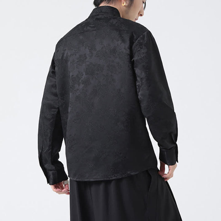Buddha Stones Camisas de manga larga para hombre con cuello mandarín y estampado floral, estilo elegante Tang, ideales para otoño. - image 3