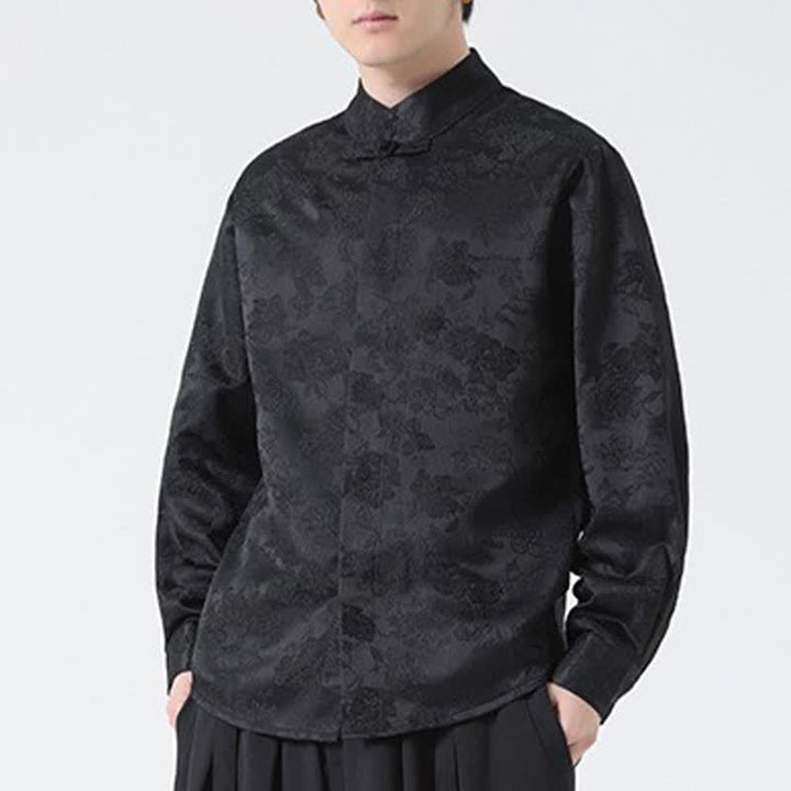 Buddha Stones Camisas de manga larga para hombre con cuello mandarín y estampado floral, estilo elegante Tang, ideales para otoño. - image 7