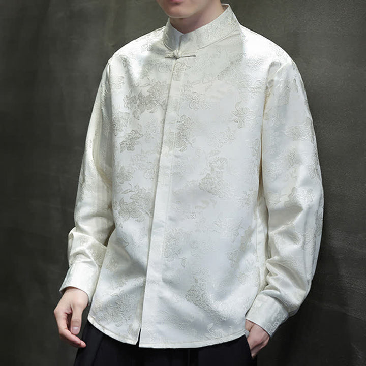 Buddha Stones Camisas de manga larga para hombre con cuello mandarín y estampado floral, estilo elegante Tang, ideales para otoño. - image 17