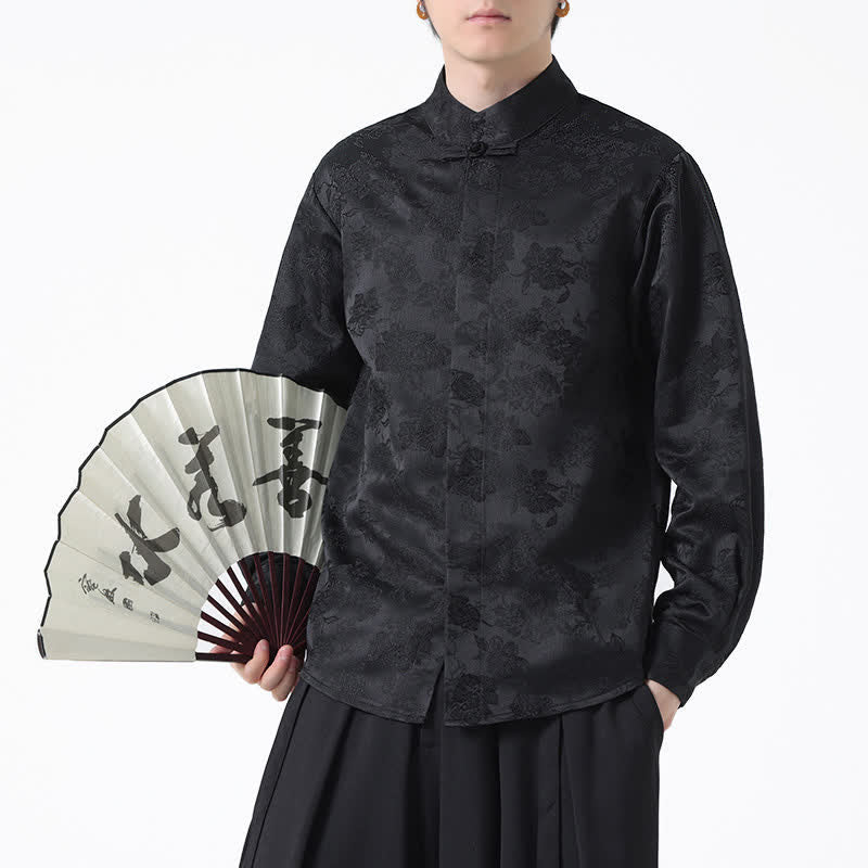 Buddha Stones Camisas de manga larga para hombre con cuello mandarín y estampado floral, estilo elegante Tang, ideales para otoño. - image 8
