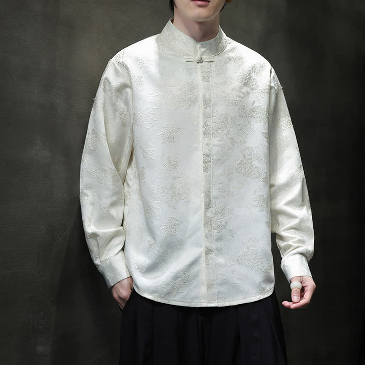 Buddha Stones Camisas de manga larga para hombre con cuello mandarín y estampado floral, estilo elegante Tang, ideales para otoño. - Blanco - US/UK/AU44, EU54 (4XL) - image 13