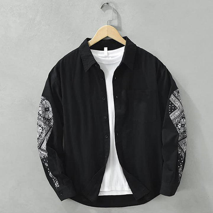 Buddha Stones Camisa de manga larga de algodón con botones y estampado paisley para hombre, estilo casual de otoño, con bolsillo de parche. - Negro - US/UK/AU42, EU52 (3XL) - image 0