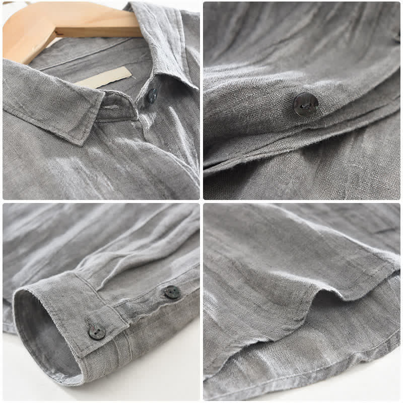 Buddha Stones Camisas de manga larga de lino liso con botones para hombre, estilo casual de primavera. - image 3