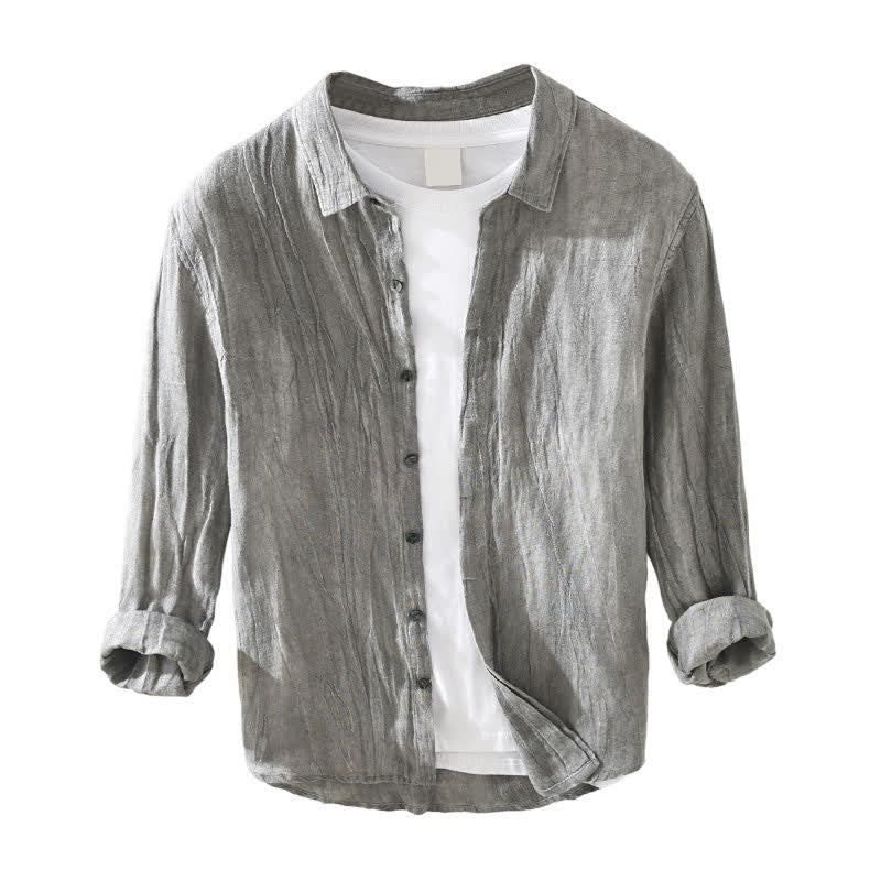 Buddha Stones Camisas de manga larga de lino liso con botones para hombre, estilo casual de primavera. - image 2