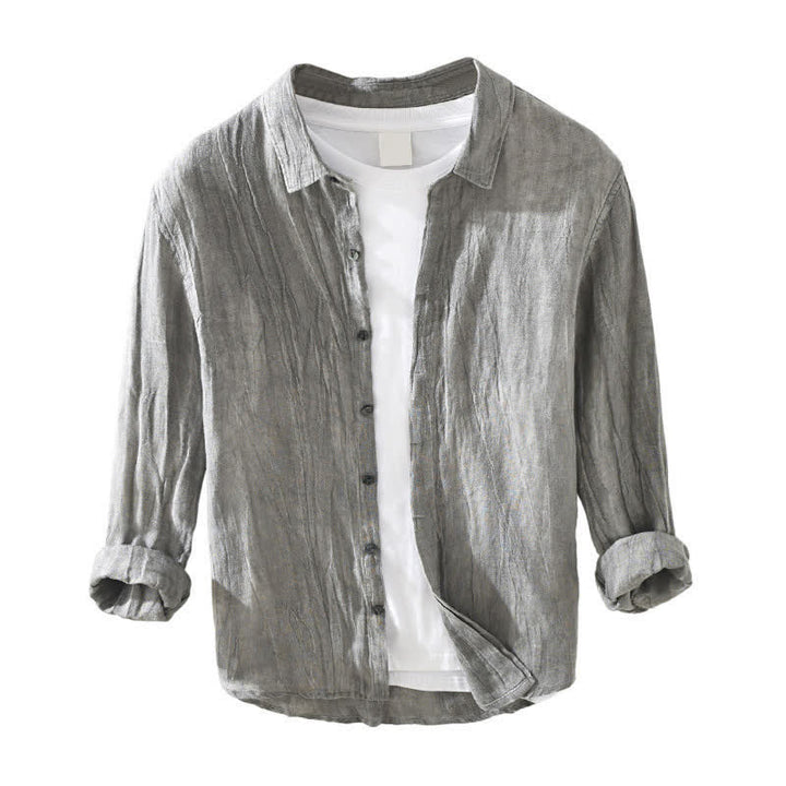 Buddha Stones Camisas de manga larga de lino liso con botones para hombre, estilo casual de primavera. - image 2
