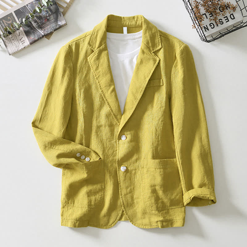 Buddha Stones Chaqueta de hombre minimalista informal de ramio y algodón con solapa y bolsillos, ideal para primavera y otoño. - image 11
