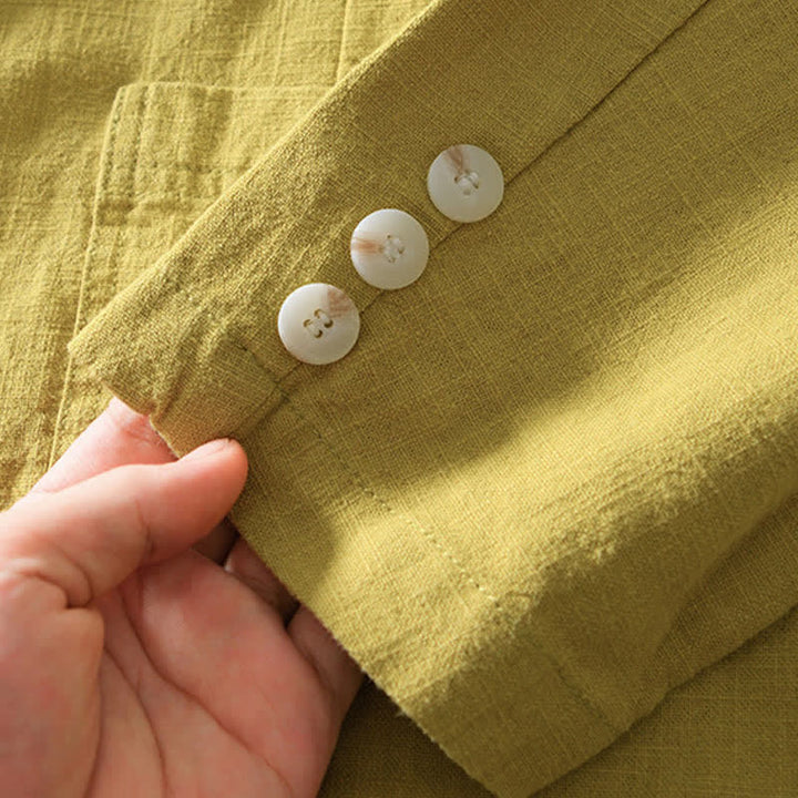Buddha Stones Chaqueta de hombre minimalista informal de ramio y algodón con solapa y bolsillos, ideal para primavera y otoño. - image 15