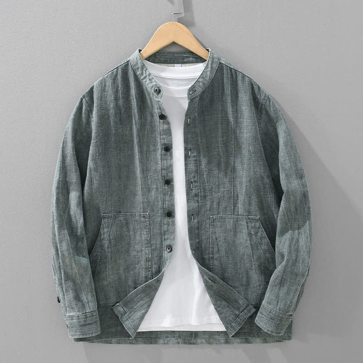 Buddha Stones Chaqueta informal de algodón ramio lisa para hombre, ideal para primavera y otoño, con bolsillos. - Gris oscuro - US/UK/AU42, EU52 (3XL) - image 0