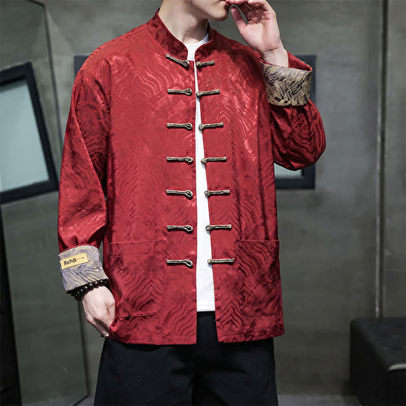 Buddha Stones Chaqueta de hombre estilo Tang elegante con cuello mandarín, estampado abstracto de ondas y botones de rana, ideal para otoño/invierno, con bolsillos. - image 6