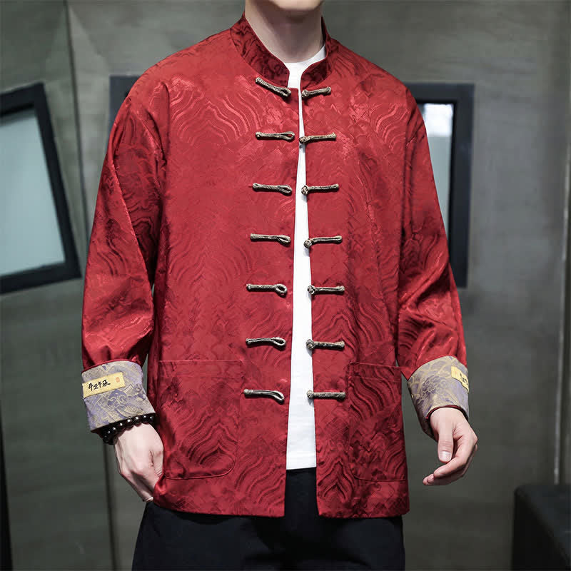 Buddha Stones Chaqueta de hombre estilo Tang elegante con cuello mandarín, estampado abstracto de ondas y botones de rana, ideal para otoño/invierno, con bolsillos. - image 1