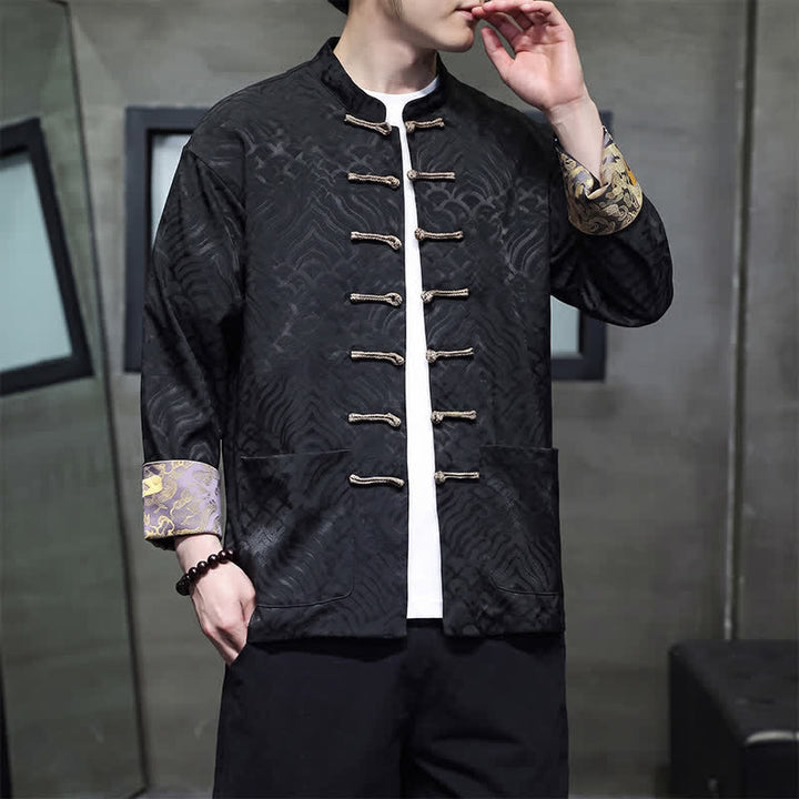 Buddha Stones Chaqueta de hombre estilo Tang elegante con cuello mandarín, estampado abstracto de ondas y botones de rana, ideal para otoño/invierno, con bolsillos. - image 11
