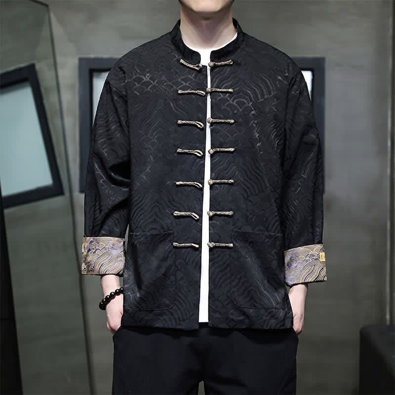 Buddha Stones Chaqueta de hombre estilo Tang elegante con cuello mandarín, estampado abstracto de ondas y botones de rana, ideal para otoño/invierno, con bolsillos. - Negro - US/UK/AU46, EU56 (5XL) - image 10