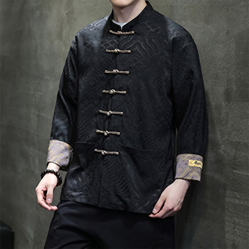 Buddha Stones Chaqueta de hombre estilo Tang elegante con cuello mandarín, estampado abstracto de ondas y botones de rana, ideal para otoño/invierno, con bolsillos. - image 19