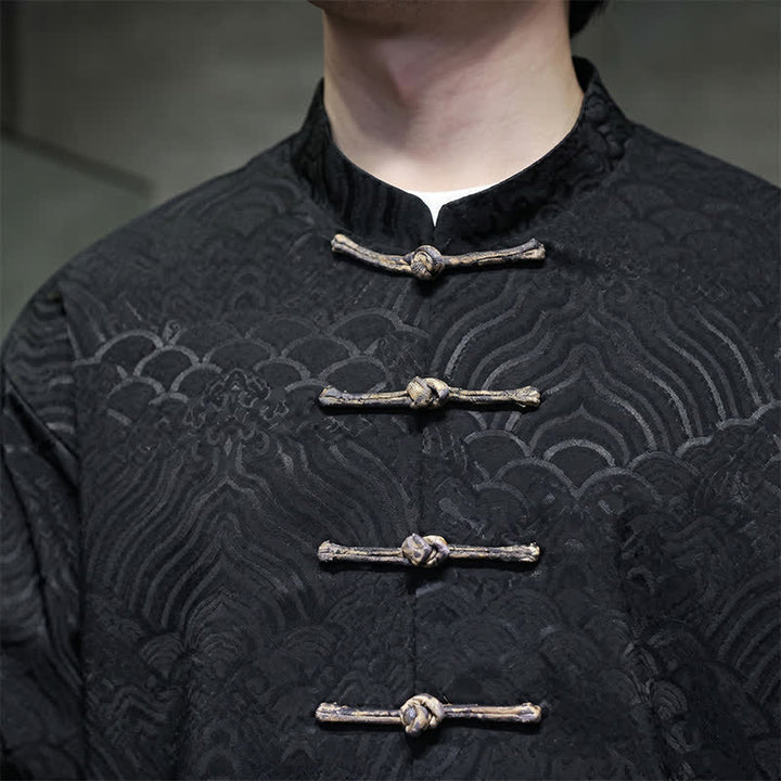Buddha Stones Chaqueta de hombre estilo Tang elegante con cuello mandarín, estampado abstracto de ondas y botones de rana, ideal para otoño/invierno, con bolsillos. - image 20