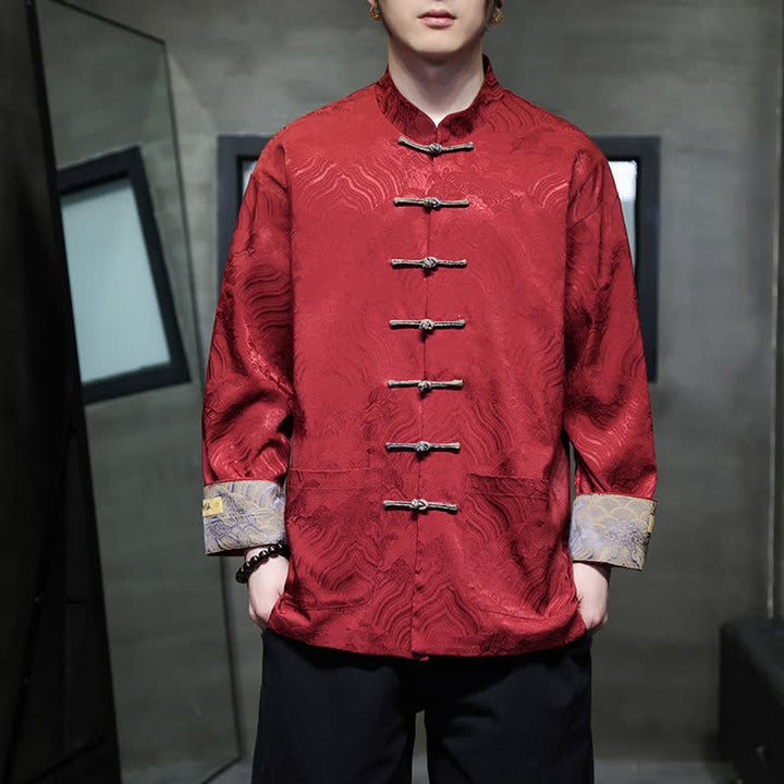 Buddha Stones Chaqueta de hombre estilo Tang elegante con cuello mandarín, estampado abstracto de ondas y botones de rana, ideal para otoño/invierno, con bolsillos. - image 3