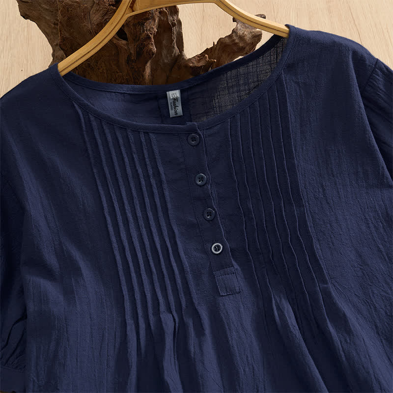 Buddha Stones Camisa de manga corta de algodón liso con botones, estilo casual de verano para mujer. - image 2