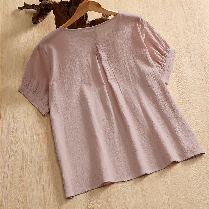 Buddha Stones Camisa de manga corta de algodón liso con botones, estilo casual de verano para mujer. - image 9