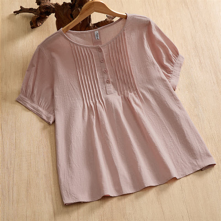 Buddha Stones Camisa de manga corta de algodón liso con botones, estilo casual de verano para mujer. - rosa claro - US16, UK/AU20, EU48 (5XL) - image 8