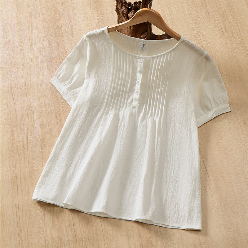 Buddha Stones Camisa de manga corta de algodón liso con botones, estilo casual de verano para mujer. - image 26