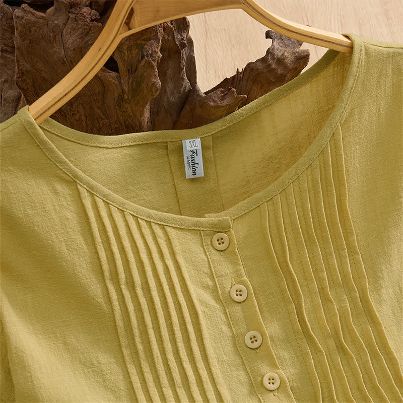 Buddha Stones Camisa de manga corta de algodón liso con botones, estilo casual de verano para mujer. - image 18