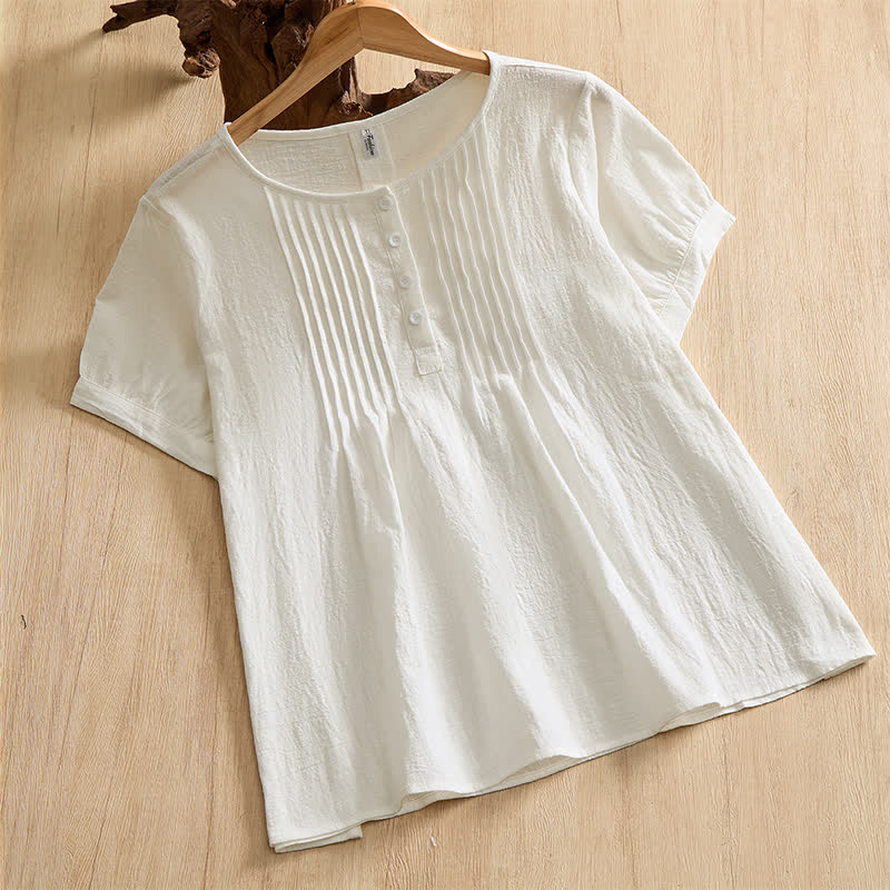 Buddha Stones Camisa de manga corta de algodón liso con botones, estilo casual de verano para mujer. - Blanco - US16, UK/AU20, EU48 (5XL) - image 24