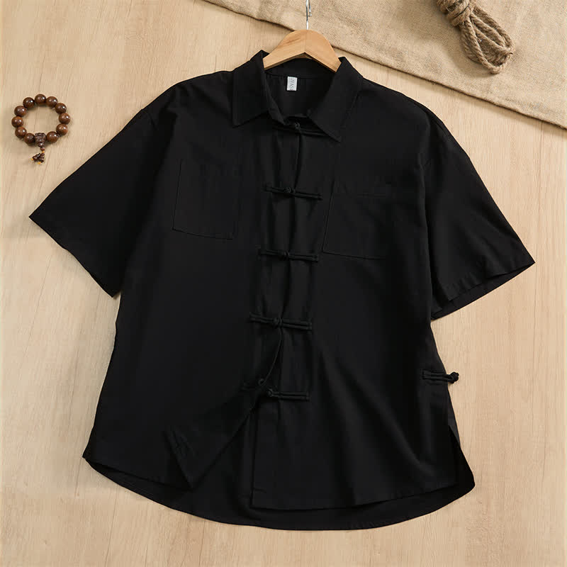Buddha Stones Camisas de manga corta para hombre, estilo Tang, informales de verano, con botones de rana y bolsillos de parche. - Negro - US/UK/AU46, EU56 (5XL) - image 17
